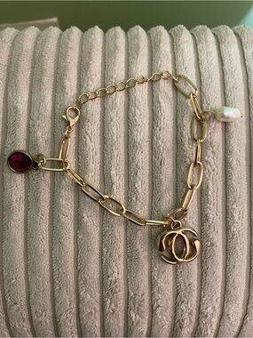 Gold Charm Paperclip Bracelet with Red Crystal, Pearl Accent and Chanel charm